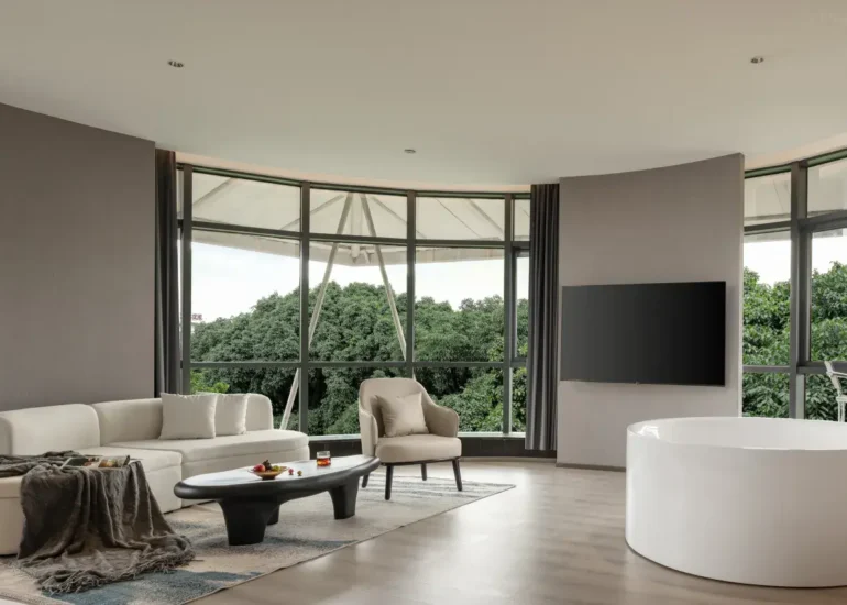 270° Forest-Themed Two-Bedroom Two-Bathroom Grand Family Suite With Super Large Round Bathtub And Leisure Couch